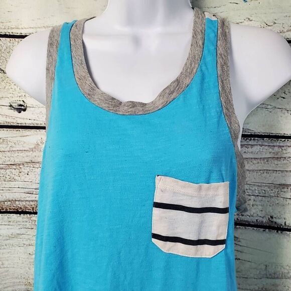 Victoria's Secret PINK Tank Top XS Blue Gray Stripe Pocket Racerback Cotton Blen - Picture 2 of 7